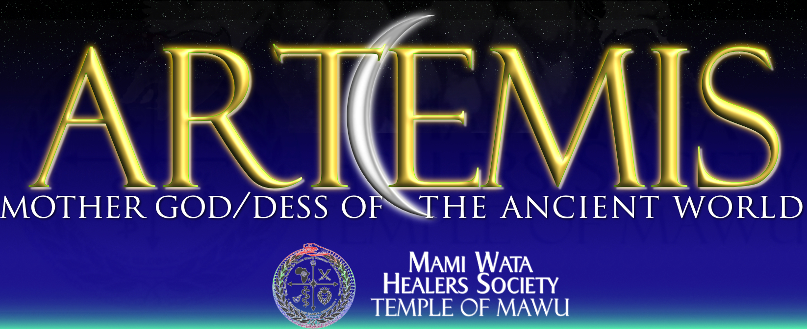 Stylized Photo with the words 'Artemis' on it, next to a Mami Wata Healers Society Temple of Mawu Logo.