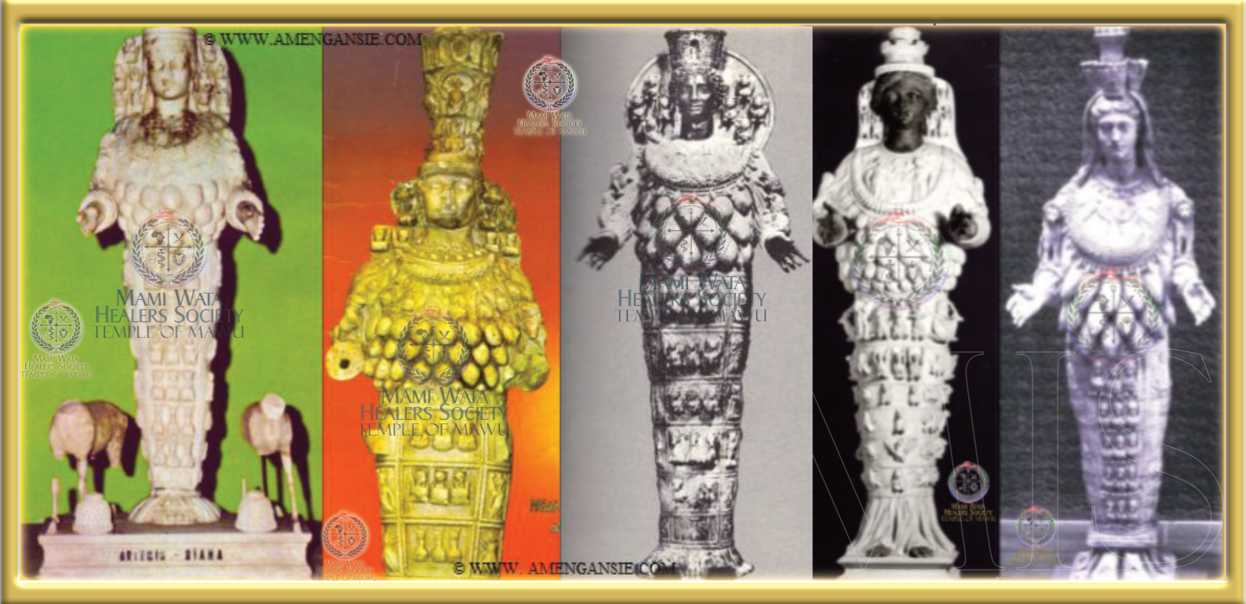 Stylized Photo with the words 'Artemis' on it, next to a Mami Wata Healers Society Temple of Mawu Logo.